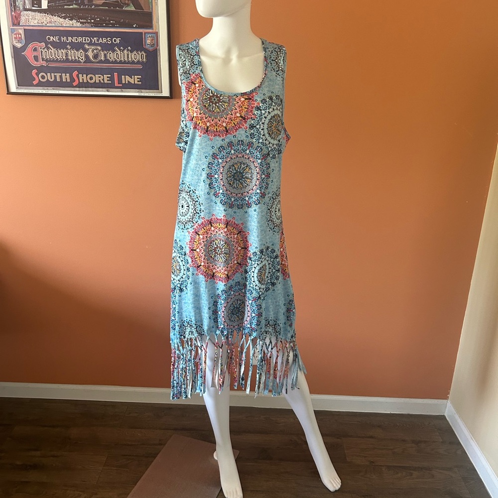 PINZIKO baby blue patterned fringed tank dress